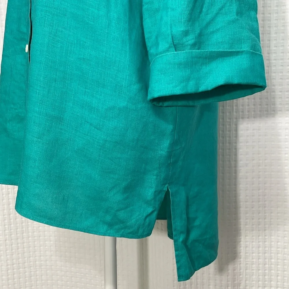 Lafayette 148 New York women's Size 10 teal green linen button up‎ shirt. - Picture 3 of 8
